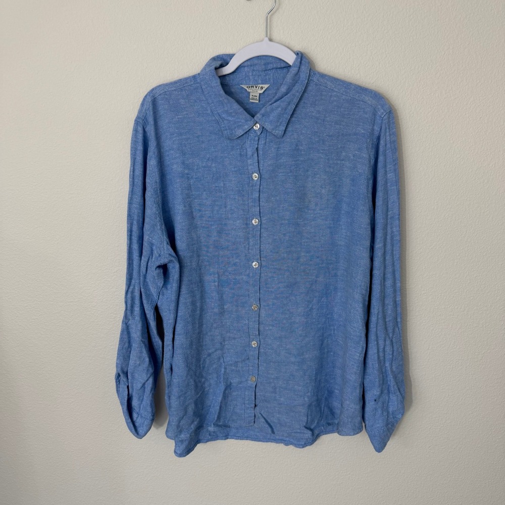 Orvis Button Down Shirt Womens XL Blue Good Linen Blend Roll Tab Long Sleeve